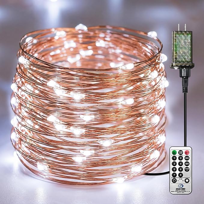 Plug-in Fairy Lights, 33 Ft 100 LED String Light with Remote, 8 Modes, Timer and Dimming Twinkle Lights for Indoor, Bedroom, Party, Decoration, Holiday, Cold White