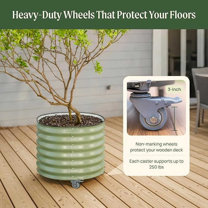Rolling Metal Citrus Tree Planter Pot, 27″ Round Planter Box for Porch Patio & Backyard, 45 Gallon Large Planter Pot with Wheels for Growing Trees Tomatoes Vegetables and Flowers, Pearl White