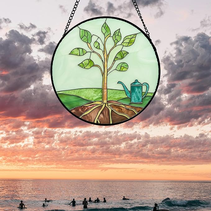 Stained Glass Window Hanging 4 Pcs Set Pink Green Spring Saplings Flowers Large 15" - Suncatcher Door Garden Sun Catcher Home Decor Mother's Day for Woman Nana Mom Men