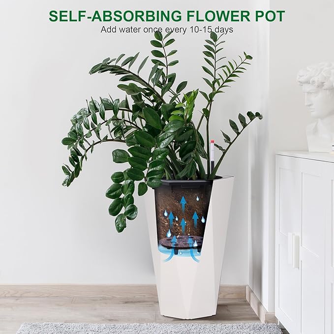 GarveeLife 22.5 in Tall Diamond Planters Set of 2, Self Watering Planters with Water Level Monitor, Flower Pots Outdoor and Indoor for Patio, Porch, Living Room, Home Office, White