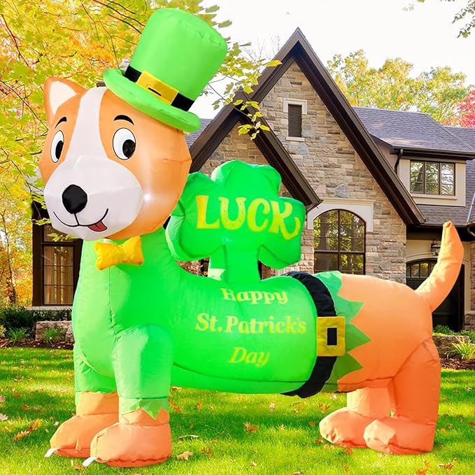 DomKom St. Patricks Day Inflatable Decorations, 4ft Cute Dog Dachshund Blow Up Lucky Day Décor Built-in LED Lights Carrying Good Luck Shamrock for Outdoor Holiday Party Lawn Yard Garden Patio