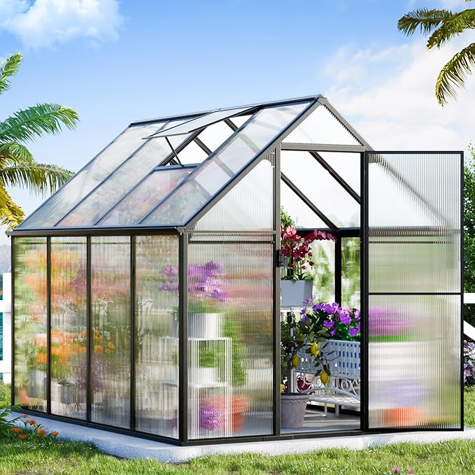 CDCASA Polycarbonate Greenhouse, 8.2x6.2 FT Easy Assembly Aluminum Heavy Duty Greenhouses for Outdoors w/ Window, Swing Door, Walk-in Green House for Sunroom,Outside, Backyard, Garden, Black