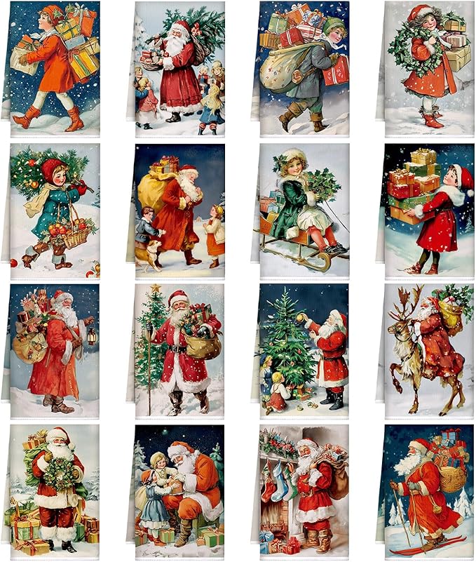 Bencailor 16 Pcs Christmas Kitchen Towels Santa Claus Hand Dish Towels Soft Absorbent Vintage Xmas Tea Dishcloths for Christmas Holiday Kitchen Bathroom Home Decor Gifts