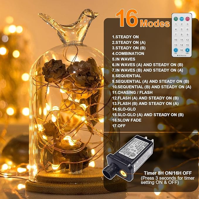 LAMPHOME Fairy Lights Plug in, 33Ft 100 LEDs Waterproof Twinkle Firefly Lights, Adaptor Included, Starry String Lights for Wedding Indoor Outdoor Christmas Patio Garden Decoration, Warm White