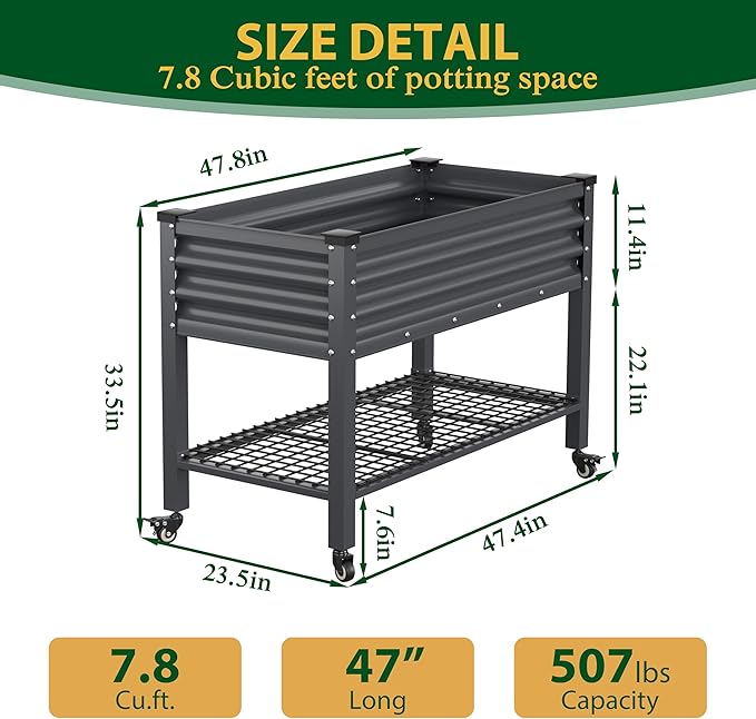 MUPATER 48" L x 24" W x 34" H Galvanized Steel Raised Garden Bed with Legs, Large Metal Elevated Planter Box with Rolling Casters & Extra Bottom Shelf for Backyard, Garden, Patio, Balcony, Gray