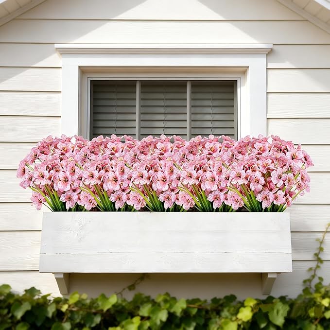 AmyHomie 20 Bundles Artificial Flowers for Outdoor Outside Spring Summer Decoration UV Resistant Faux Flowers No Fade Fake Plastic Plants Garden Porch Window Box Decorating (Pink)