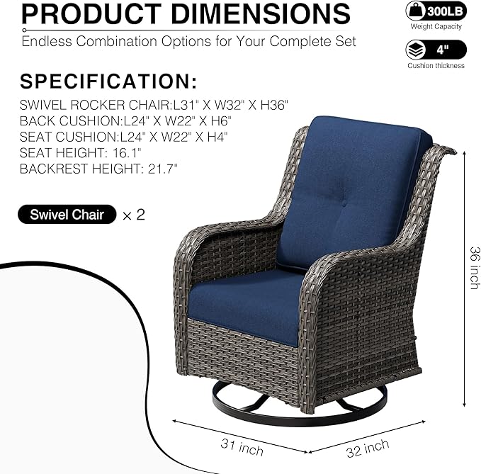 Joyside Swivel Patio Chairs Set of 2, Wicker Patio Furniture with High Back, Deep Seating, Wide Armrest, Thickened Cushions, Outdoor Rattan Furniture for Deck, Porch Use