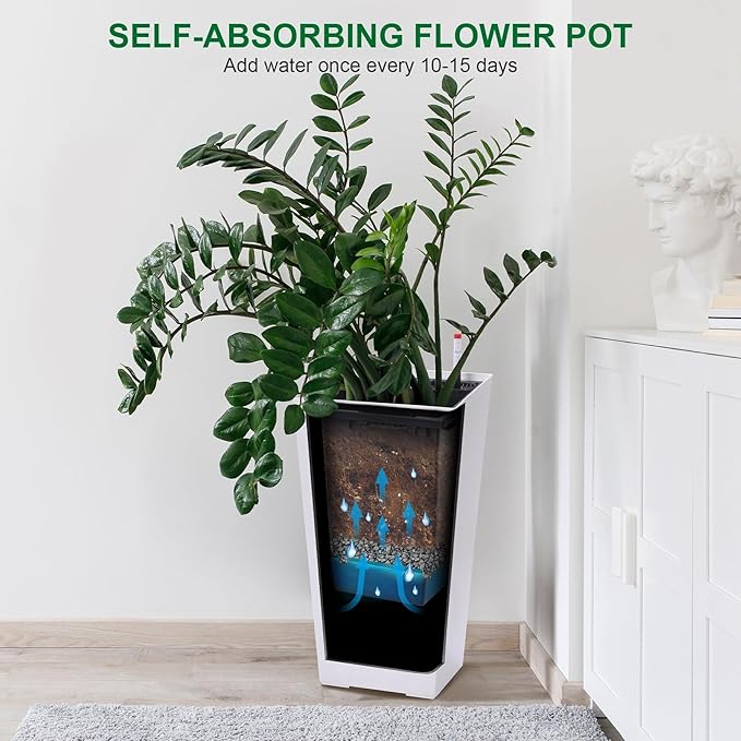 23" Tall Planter - 2-Pack Large Outdoor Indoor Plant Pots with Smart Watering System, Weather-Resistant Durability, Convenient Design, White