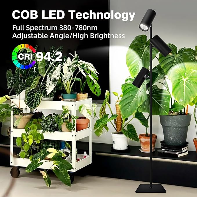 90W Dimmable Grow Light, Full Spectrum COB LED Triple-Head Floor Lamp with High PPFD&CRI, 6/8/12H Timer, Adjustable Height (43"-83") & Angle – Standing Grow Lights for Indoor Plants (6000K Daylight)