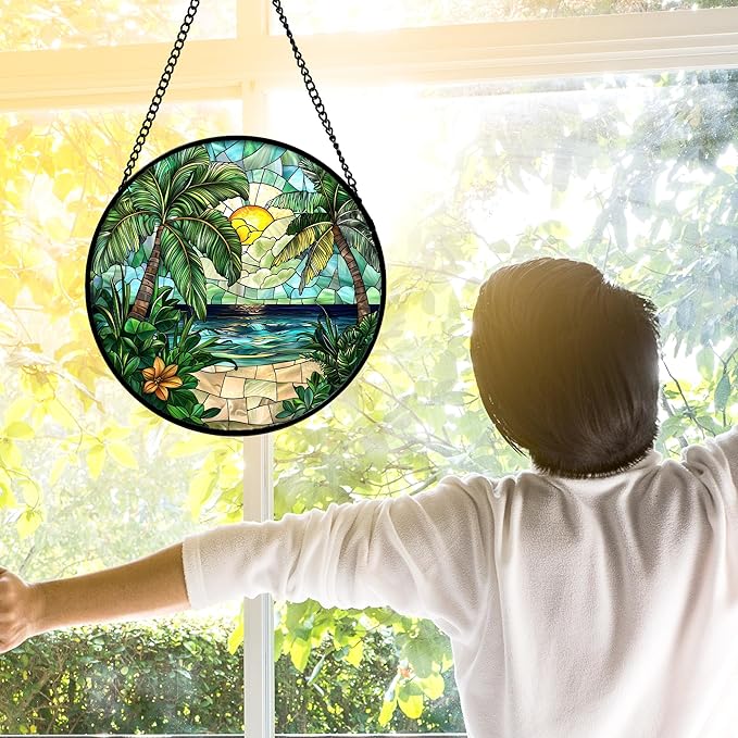 DASTOLL Stained Glass Window Hanging, Green Beach Scenery Suncatcher Diamond Glass Panel Hangings Sun Catchers Decor for Birthday for Women, Men, Wife, Aunt, and Mom 7.8 in