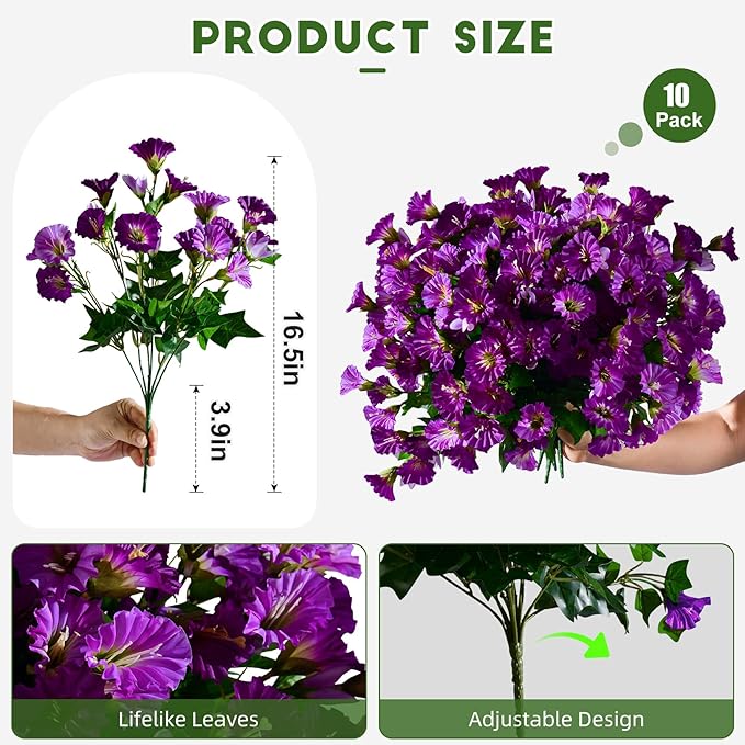 Artificial Morning Glory Flowers Plants for Outdoor 8 Pcs Faux Silk Petunias Flower Realistic Faux Flowers Plants for Outside Planter Porch Yard Patio Balcony Home Indoor Decor (8 Pcs Purple+Purple)