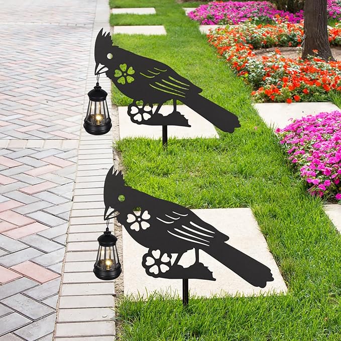 2Pack Solar Outdoor Garden Lights Stakes Solar Metal Flower Cardinal Lawn Deco Statue Patio, Outdoor Decor, Garden Decorations, Lawn Ornaments