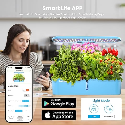 Sainlogic Hydroponics Growing System Kit, Smart Indoor Garden with APP & WiFi Connected, 12 Pods Watering Planter, 5 X Growth with 24W LED, Quiet Pump, for Vegetables, Herbs and Flowers