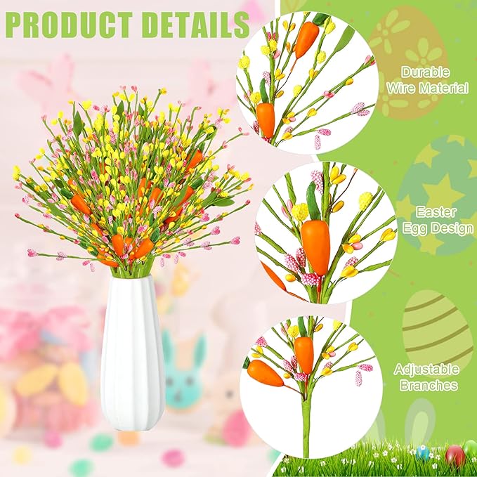 Tigeen 8 Pcs Artificial Easter Stems Easter Decorations Spring Colorful Berry Picks with Carrots Fake Picks Decor for Floral Arrangement Home Centerpiece Vase Windowsill Decor