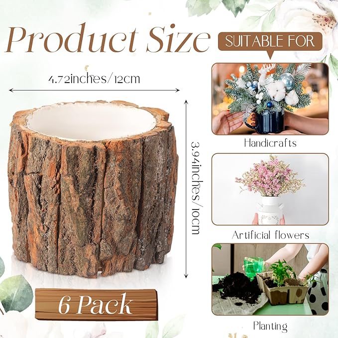 6 Pcs Wooden Vase for Centerpieces Woodland Table Decor Wooden Flower Vase Rustic Bark Stump Buckets Vintage Wood Planter Pots for Garden Party Wedding Window Home Farmhouse (Large)