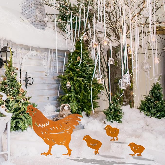 TT & MM Christmas Chicken Gifts for Women/Men,Chicken Metal Decorative 4 Pcs Garden Stakes,Hen/Chicks Silhouette Statues for Yard Art,Backyard,Patio,Lawn Ornaments,Outdoor Decor