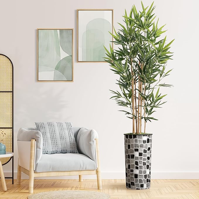 Artificial Tree in Modern Geometric Pattern Planter, Fake Bamboo Silk TRE for Indoor and Outdoor Home Decoration - 70" Overall Tall (Plant Pot Plus Tree)