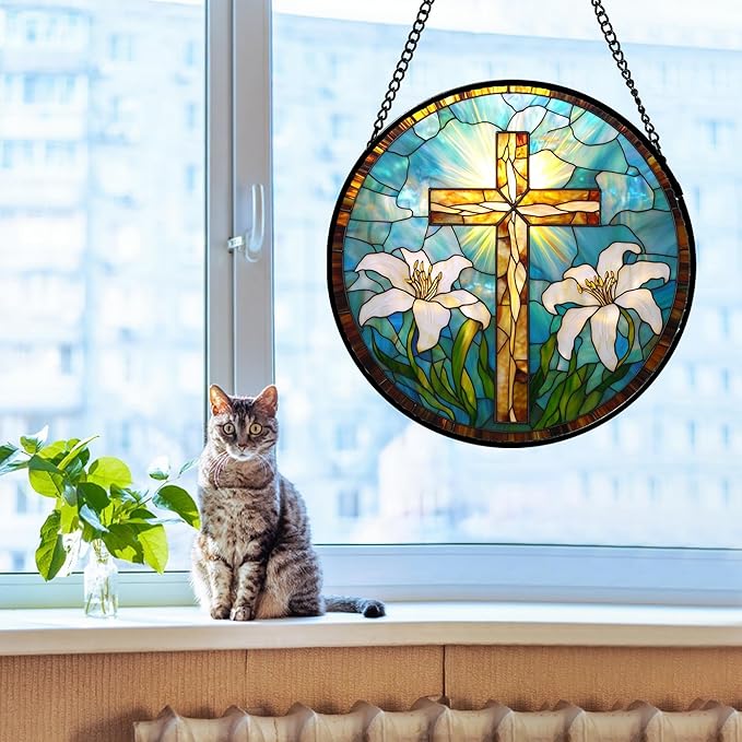 JOSUMALY Christian Gifts for Women - Cross Stained Glass Window Hanging Jesus Easter White Lily Flower Sun Catcher Garden Religion Decor Mother's Day Catholic Gift for Men Grandma Mom Her Nana 7.8"