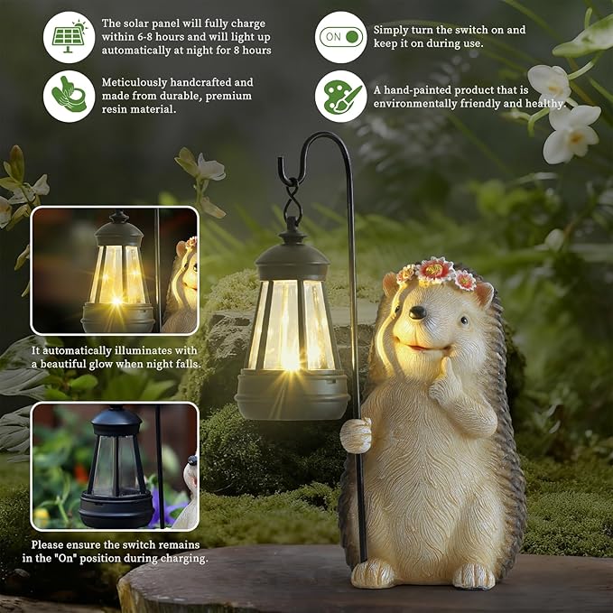 Ploxoiven Garden Hedgehog Gnome Statue Decorations - Solar Resin Hedgehog with Solar Garden Lights Outdoor Decorations for Patio,Yard,Lawn,