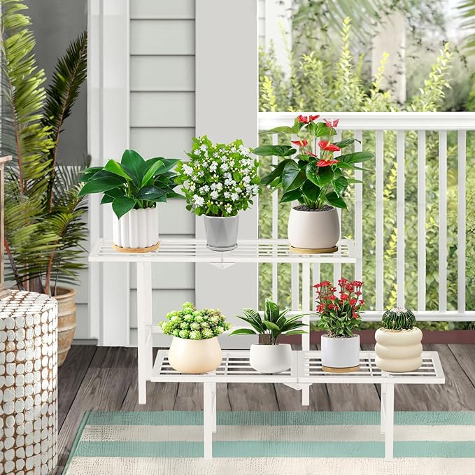 jsyonii 2 Tier Metal Plant Stand Outdoor Indoor Waterproof, Heavy Duty Outdoor Plant Shelf, Foldable Ladder Plant Stands Display Rack for Garden Window, 8.3/15.4'' Tall (White)