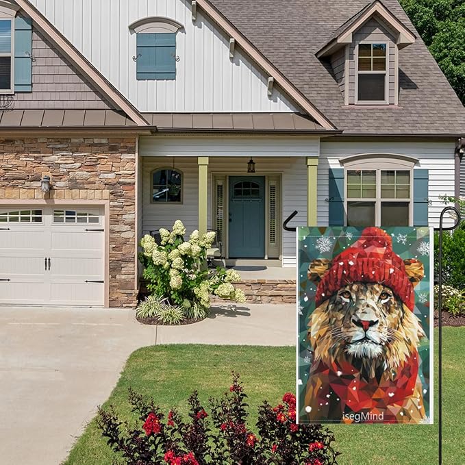 Lion with Red Scarf and Hat Snowflake Christmas Garden Flag, 28x40 Inch Double Sided Linen Holiday Red Winter Farmhouse Yard Outdoor Decoration (4328)