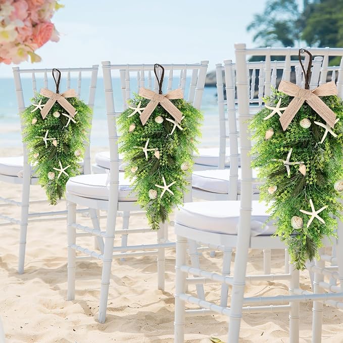 2 Pcs 24"Seashell Starfish Teardrop Swag Wreath with Green Leaves for Front Door Wedding Rustic Farmhouse Costal Starfish Conch Shells Wreath for Indoor Outdoor Spring Summer All Seasons Home Decor ﻿