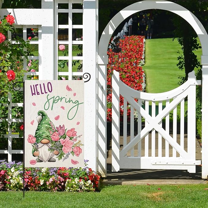Hello Spring Garden Flag for Outside 12x18 Double Sided,Gnome with Roses Flowers Small Yard Flag, Summer Seasonal Decors for Outdoor Anniversary Wedding Farmhouse Holiday