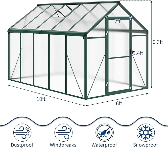 6x10 FT Greenhouse, Greenhouses for Outside, Polycarbonate Greenhouse with Aluminum Frame, Lockable Door and Ajustable Roof Vent for Backyard, Green Houses for Outside Garden Backyard, Patio