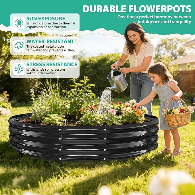 6FT Diameter Galvanized Garden Raised Bed/Plant Box/Fire Pit Ring-0.8mm Thick,12 Inch Tall,Crimped Edge and Corner,No Sharpe,Perfect for Plantings (Black, 72 Dia X 12 inches)