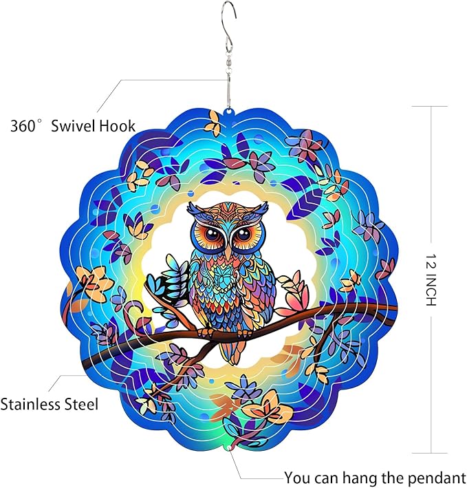 Owl Wind Spinners Outdoor - Birthday Gifts for Women Mom Grandma,12inch Metal Hanging Wind Sculptures for Outside Decor, Christmas Ornament Presents for Yard Garden Decoration