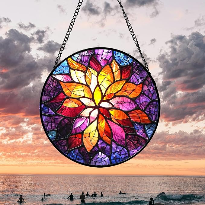 AMDERVEN Stained Glass Window Hanging, Fuchsia Abstract Flowers Suncatcher for Window Home Decor Orange Sun Catcher Mother's Day Birthday Gifts for Women Men Mom Nana 9.8 in