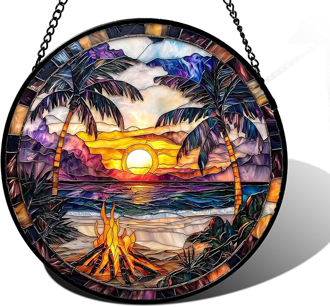 DASTOLL Stained Glass Window Hanging,Bonfire Beach Landscape Suncatcher Diamond Glass Panel Sun Catchers Decor for Birthday for Women, Men, Wife, Aunt, and Mom 6.3 in