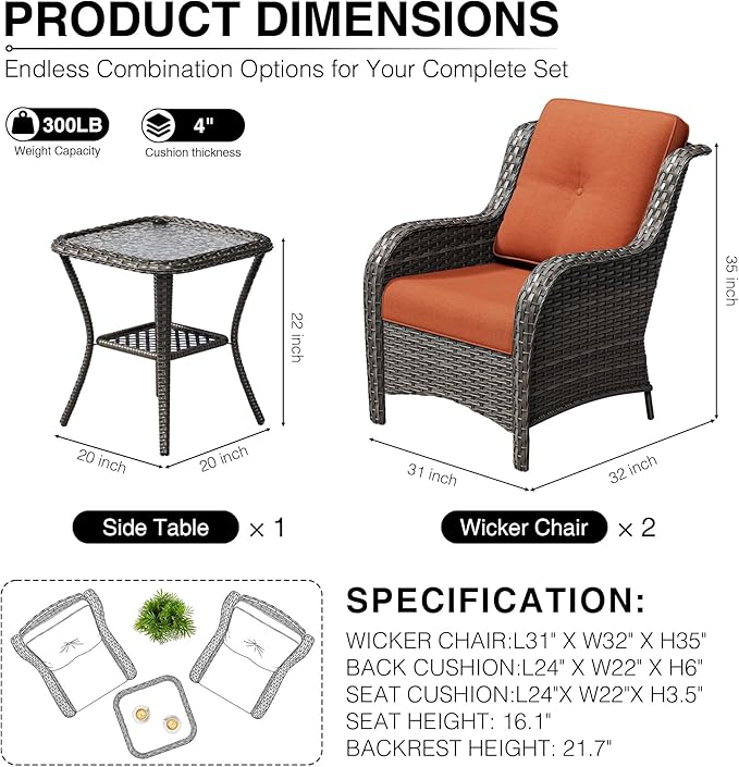 Joyside 3 Piece Wicker Patio Furniture Set, Rattan Patio Chairs with High Back, Deep Seating, Wide Armrest, Thickened Cushions, Outdoor Furniture for Deck, Porch Use
