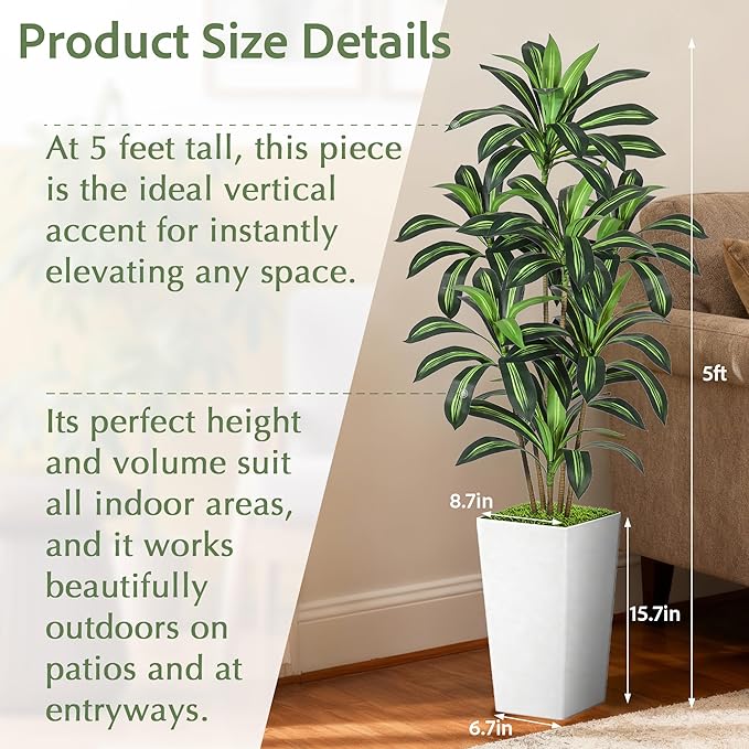 Realistic Artificial Indoor Plant Tree - Tall Fake Dracaena Potted Plant for Home Office Decor, Living Room & Bedroom - Lifelike Faux Plant Tree with Pot-Palm(White, 5FT)