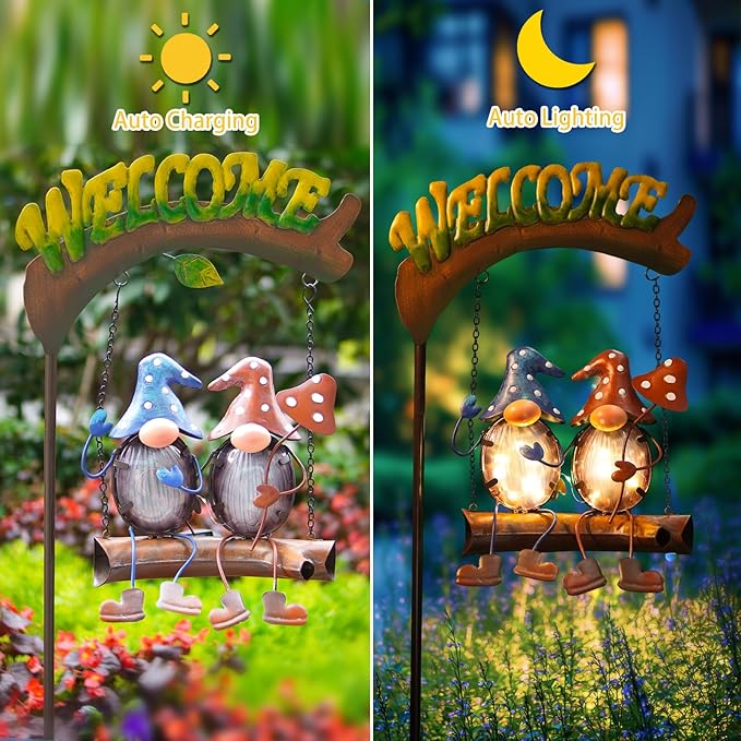 HONGLAND Gnomes Garden Decor Solar Lights Cute Gnome Swing Outdoor Decor, Gnomes Yard Lights Decor Housewarming Gifts for Women Welcome Signs for Lawn Porch Backyard Patio