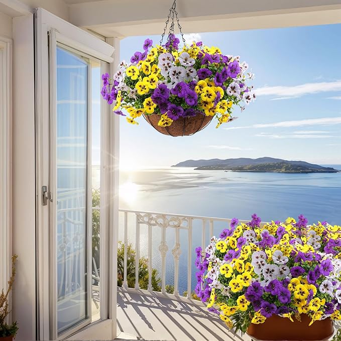 SupBri Artificial Flowers for Outdoor, UV Resistant Silk Fake Pansy Flowers, 12 Bundles Artificial Plants for Outdoor Planters Home Garden Office Patio Front (Yellow,Purple,White)
