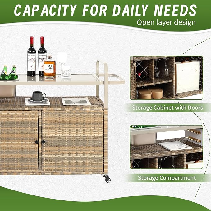 Outdoor Bar Cart with Cabinet, 51.57" Patio Serving Cart with Steel Top, Built-in Ice Bucket, Side Basket & Lockable Wheels for Garden, Backyard & Poolside, Beige
