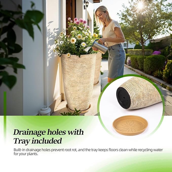 QCQHDU Set of 2 9 Gallon Tall Large planters for Outdoor/Indoor Plants of 12" Dia x 21" H Round Flower Pots Set Faux Stone Finish Front Door Patio Square Porch Planters with Tray, Beige