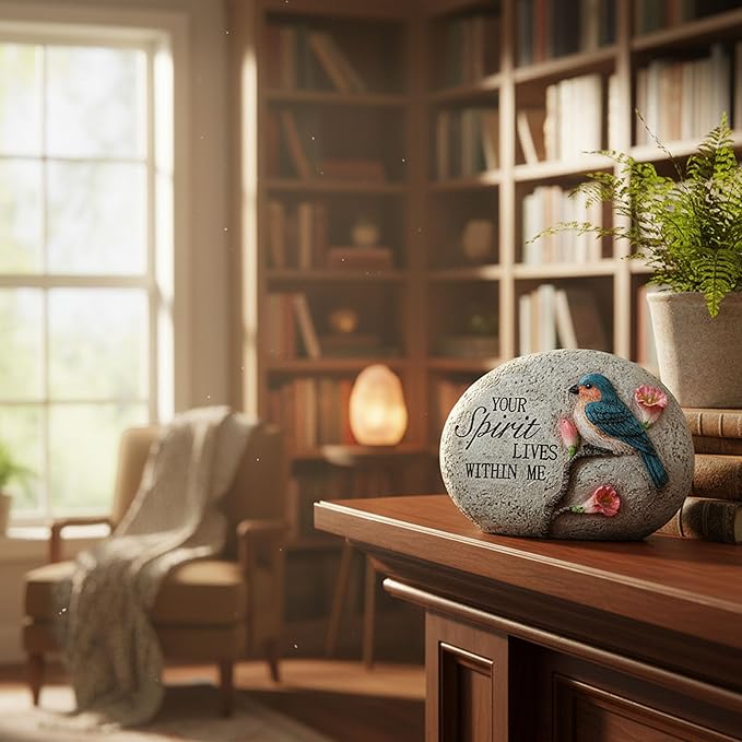 Bluebird Memorial Garden Stone Decoration,Sympathy Gift for Loss of Loved One,Outdoor Tribute Plaque with "Your Spirit Lives Within Me" Engraving,Spirit inspirational Memorial blue bird figurine