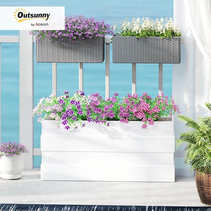 Outsunny Railing Planter Box (2 Pack, 20 Inch), Hanging Flower Pots with Hooks, Drainage Holes for Fence, Balcony, Garden, Patio, Rattan Look, Gray