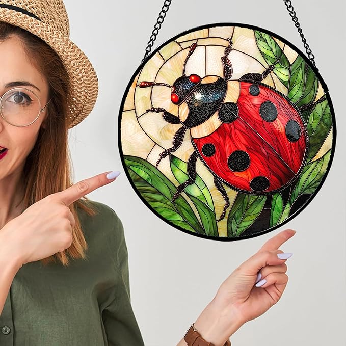 AMDERVEN Stained Glass Window Hanging - Red Seven-Spotted Ladybug Sun Catcher for Door Home Decor Insect Suncatcher Christmas Mother's Day Birthday Gifts for Women Men Mom Nana 11.8 in