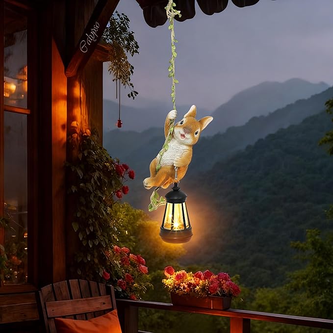 Solar Hanging Bunny Rabbit Statue, Outdoor Resin Animal Figurine with LED Lights for Garden, Fence, Porch, Patio, Yard Decor, Dusk to Dawn Auto On/Off
