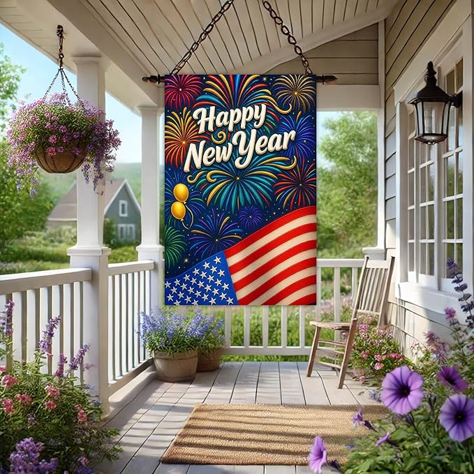 Happy New Year House Flag 28x40 Inch Double Sided Garden Flag American Flag and Fireworks Design Winter Holiday Yard Banner Large Outdoor Polyester Flag for Porch Lawn Home Decoration