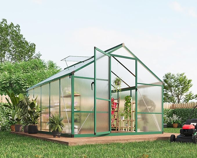 8x10 ft Greenhouse for Outdoors, Polycarbonate Greenhouse with Roof Vent, Ground Nails, Lockable Push Door, Aluminum Large Walk-in Green House for Outside Garden Backyard, Patio, Lawn, Green