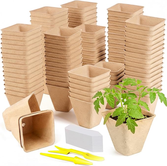 Doubleggs 165-Pack 3.15 inch Square Peat Pots for Seedlings with 100 Labels, Biodegradable Nursery Pots withDrainage Holes for Plants