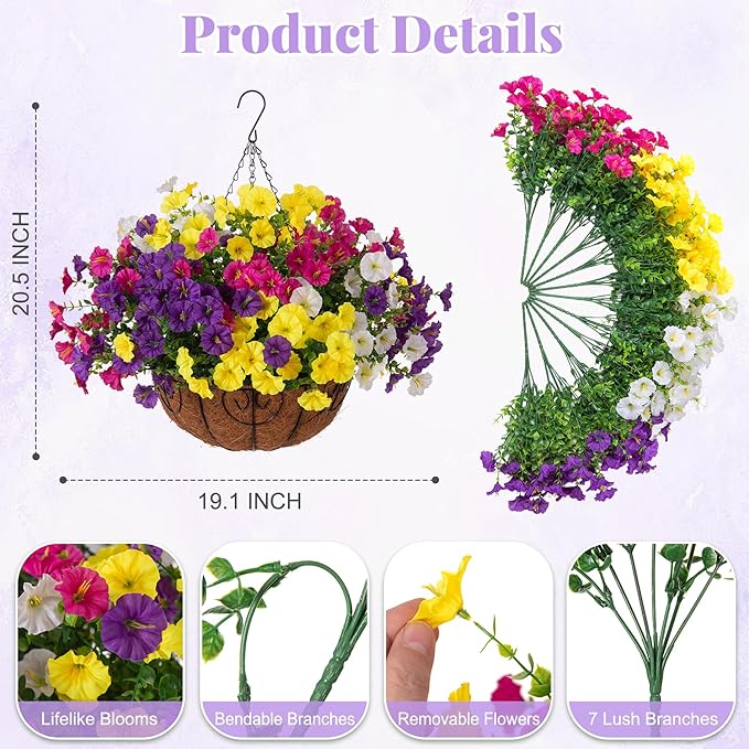 Artificial Fake Hanging Flowers with Basket for Outdoors, Faux Petunias Flowers Fake Hanging Plants with Eucalyptus Realistic UV Resistant for Outside Patio Garden Porch Balcony Yard Decor(4 Colors)