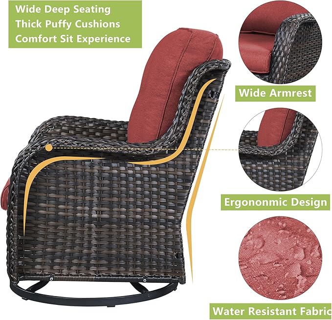 Rilyson Patio Chairs Wicker Outdoor Chair - 4 Piece Rattan Swivel Rocking Chairs Set Patio Glider Rocker Chair for Porch Deck Garden Backyard(Brown/Red)