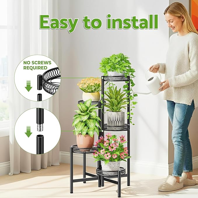 NQW Plant Stand Indoor Outdoor, 5 Tier Corner Metal Flower Display Holder Stand, Folding Tall Plant Rack for Patio Balcony Porch Garden Living Room House, Heavy Duty Wrought Iron Plant Shelf - BlackFlower