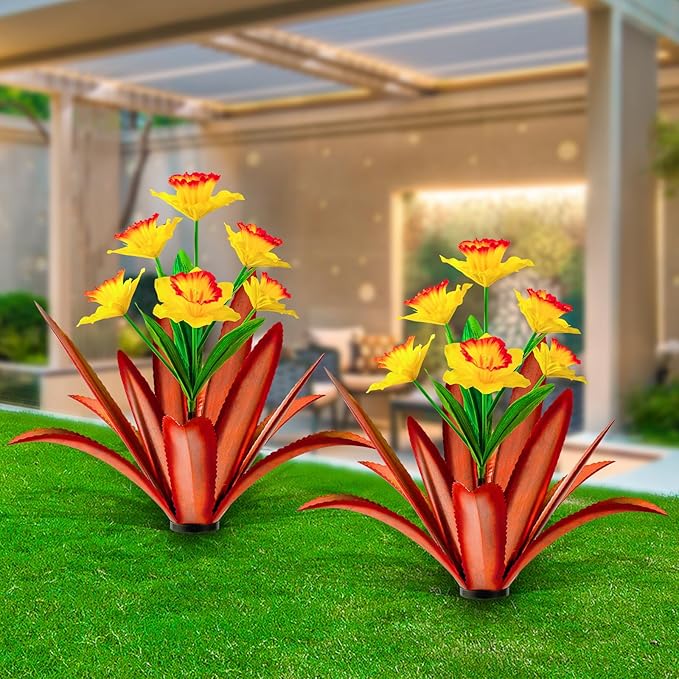 TOMBABY Huge Metal Agave Plants Outdoor Decoration Outdoor Garden Decorated with Flowers Mexican Yard Art Plant Garden Gift (Yellow 2 Pack)