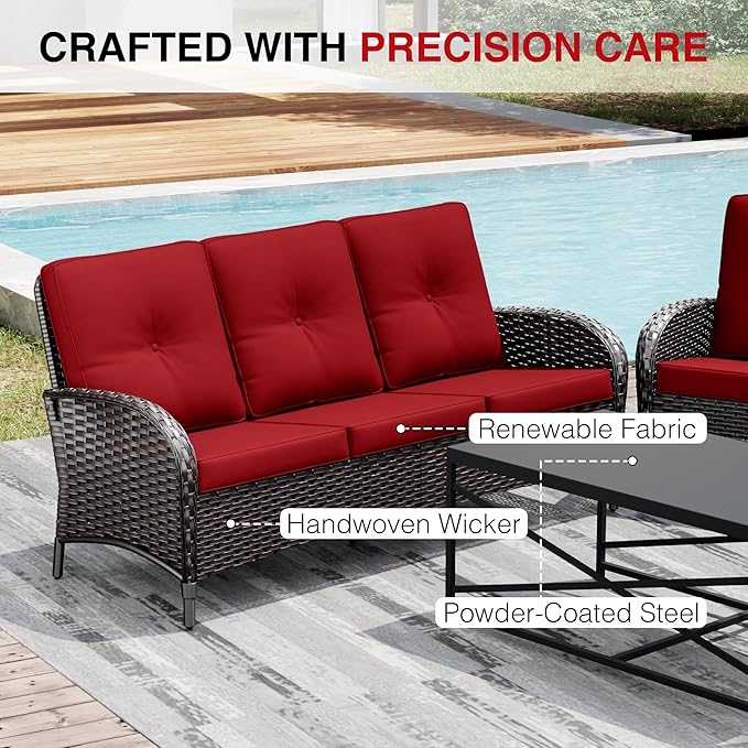 Joyside Wicker Patio Furniture Set with Fire Pit Table, 5 Piece Outdoor Furniture Set with Thickened Cushions, High Back, Deep Seating, Wide Armrest, Outdoor Swivel Rocker Chairs for Porch, Deck